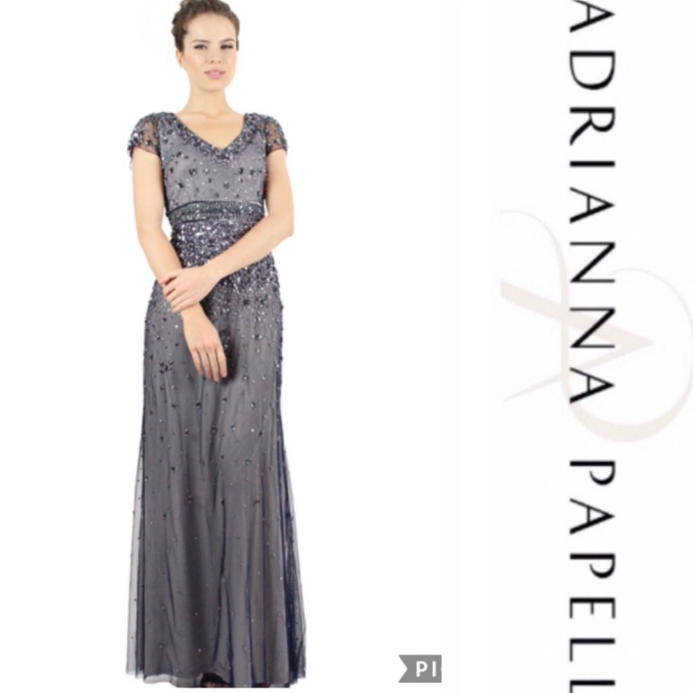 Adrianna Papell short sleeve gem and sequin long dress - Picture 2 of 9